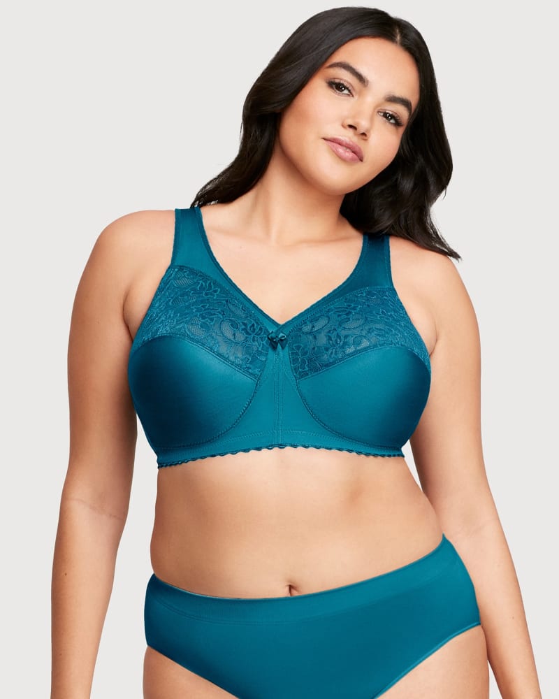 Front of a model wearing a size 48DD MagicLift Original Support Bra in Dark Teal by Glamorise. | dia_product_style_image_id:262977